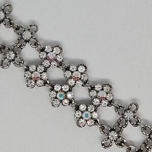 Vintage Silver Tone Floral Link Bracelet Clear & Iridescent Rhinestones